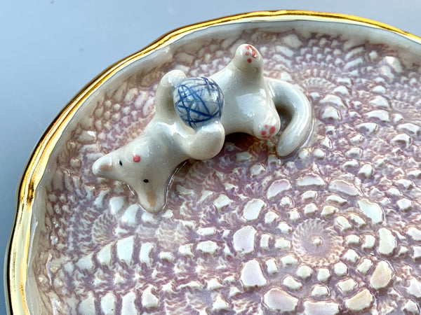 White Cat Playing with Yarn, Jewelry Dish with Gold Accent
