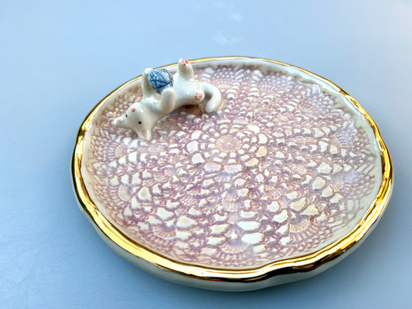 White Cat Playing with Yarn, Jewelry Dish with Gold Accent