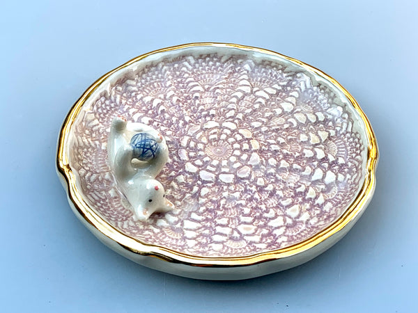 White Cat Playing with Yarn, Jewelry Dish with Gold Accent