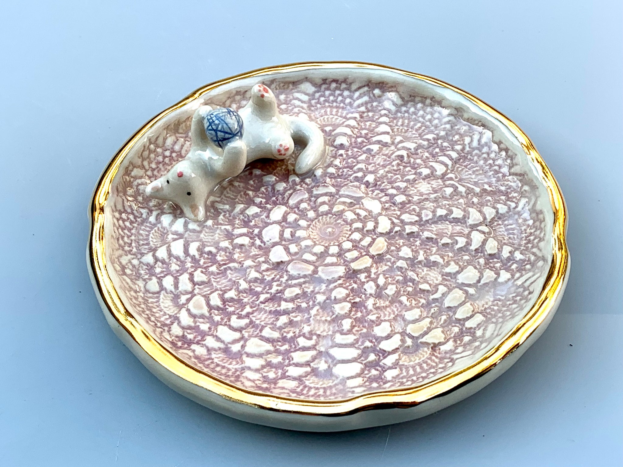 White Cat Playing with Yarn, Jewelry Dish with Gold Accent