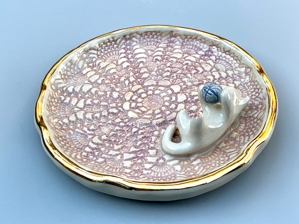 White Cat Playing with Yarn, Jewelry Dish with Gold Accent