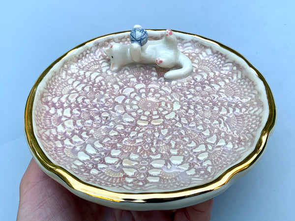 White Cat Playing with Yarn, Jewelry Dish with Gold Accent