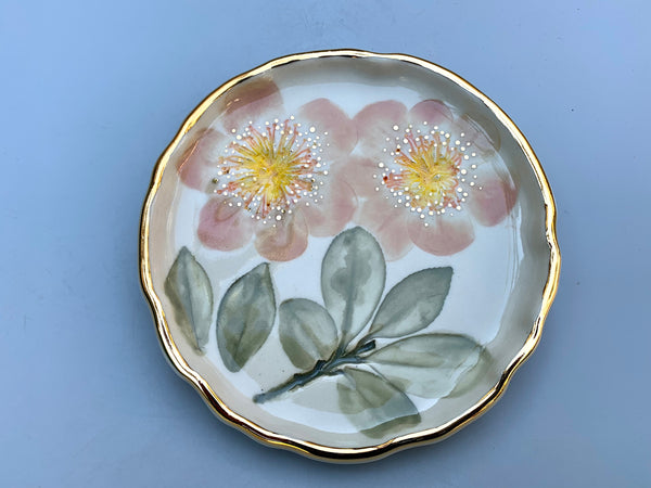 Pink Camellia (Sasanqua) Flower Jewelry Dish with Gold Accents