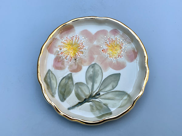 Pink Camellia (Sasanqua) Flower Jewelry Dish with Gold Accents