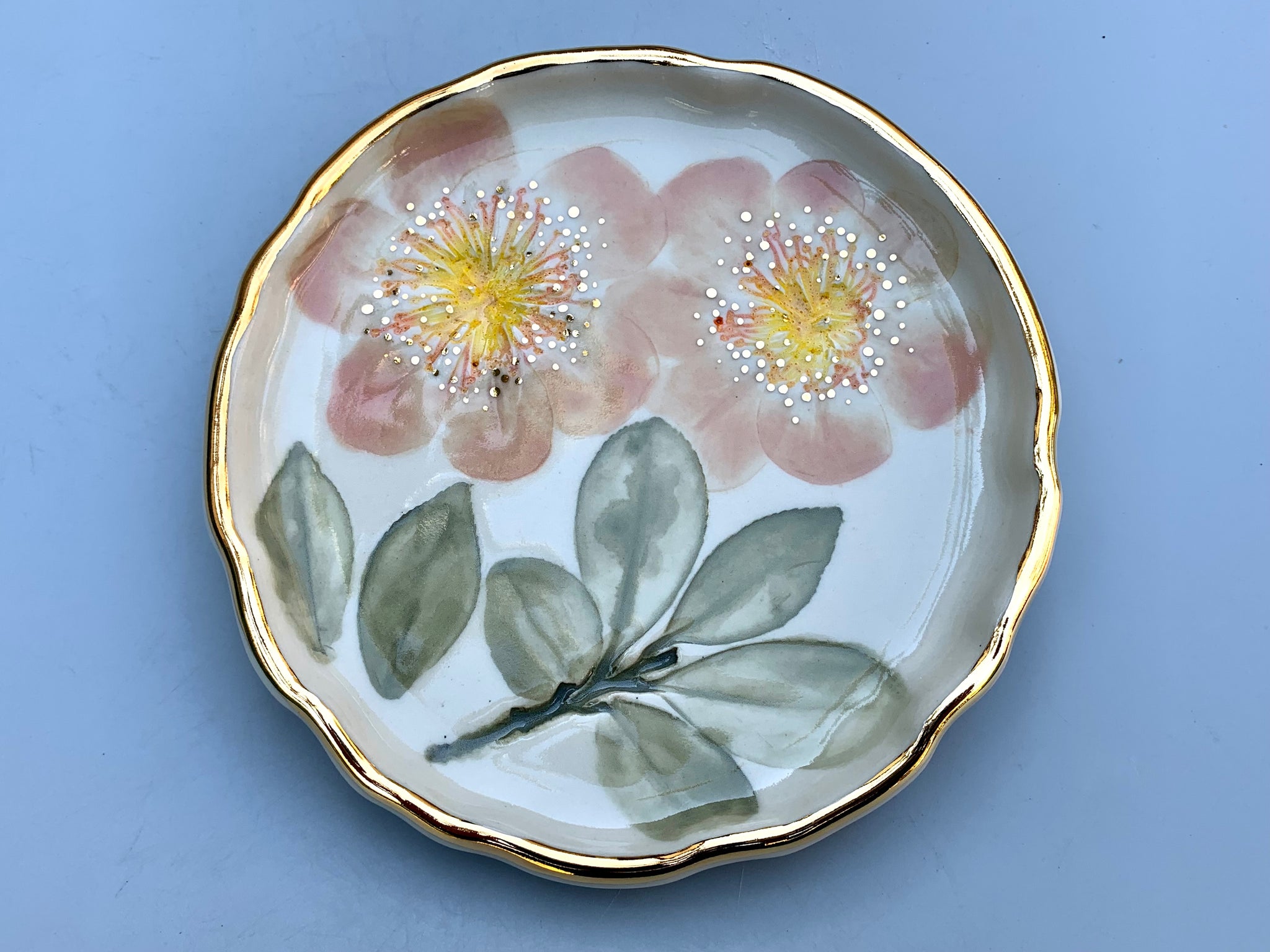 Pink Camellia (Sasanqua) Flower Jewelry Dish with Gold Accents